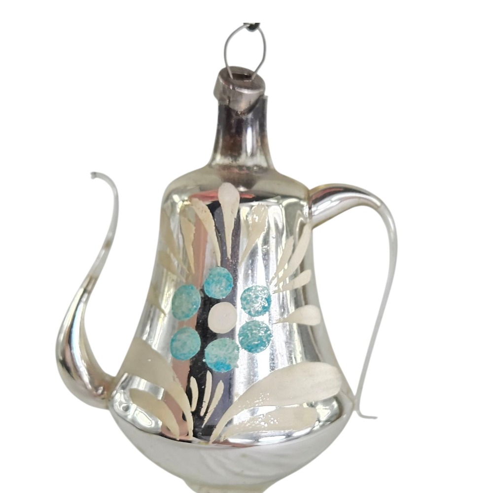 Vintage Czech Hand Blown Silver Glass Teapot Christmas Ornament Blue‎ Flower